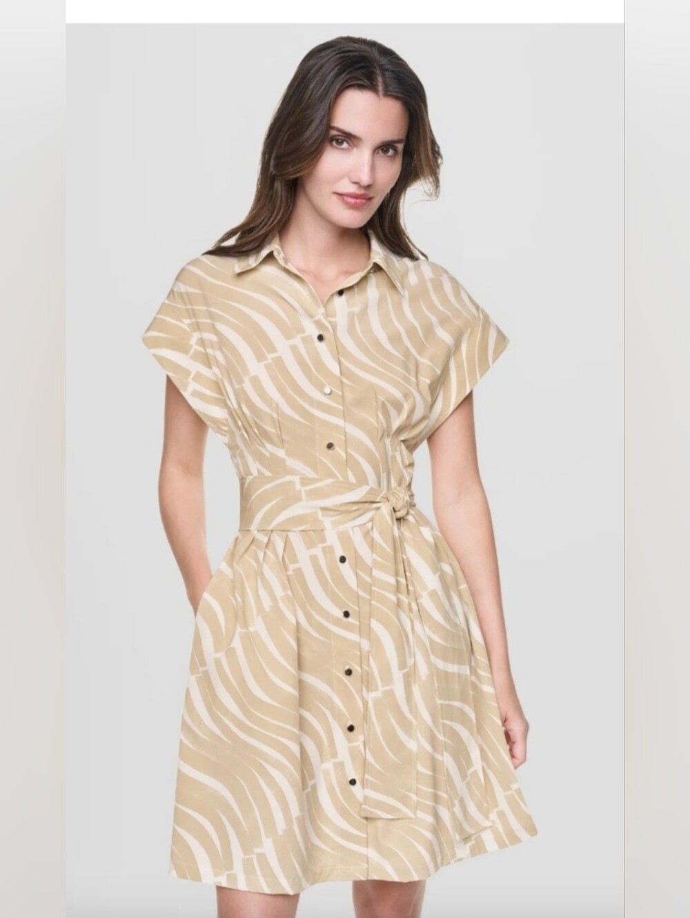 DKNY Khaki ivory striped cap sleeve belted mini skirt dress size 10 brand new